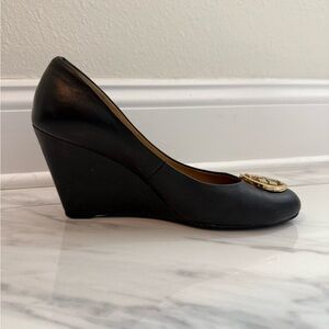 Black Wedge Heel Pump with Gold Accent